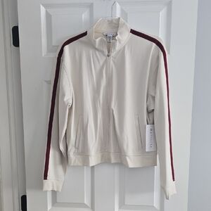 Athleta Cream Bomber Jacket with Burgundy Stripes